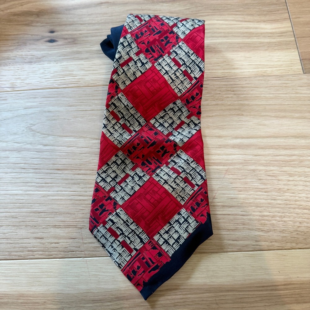 Jean Louis Roty Necktie  Red Geometric Basketweave 100% Silk Paris